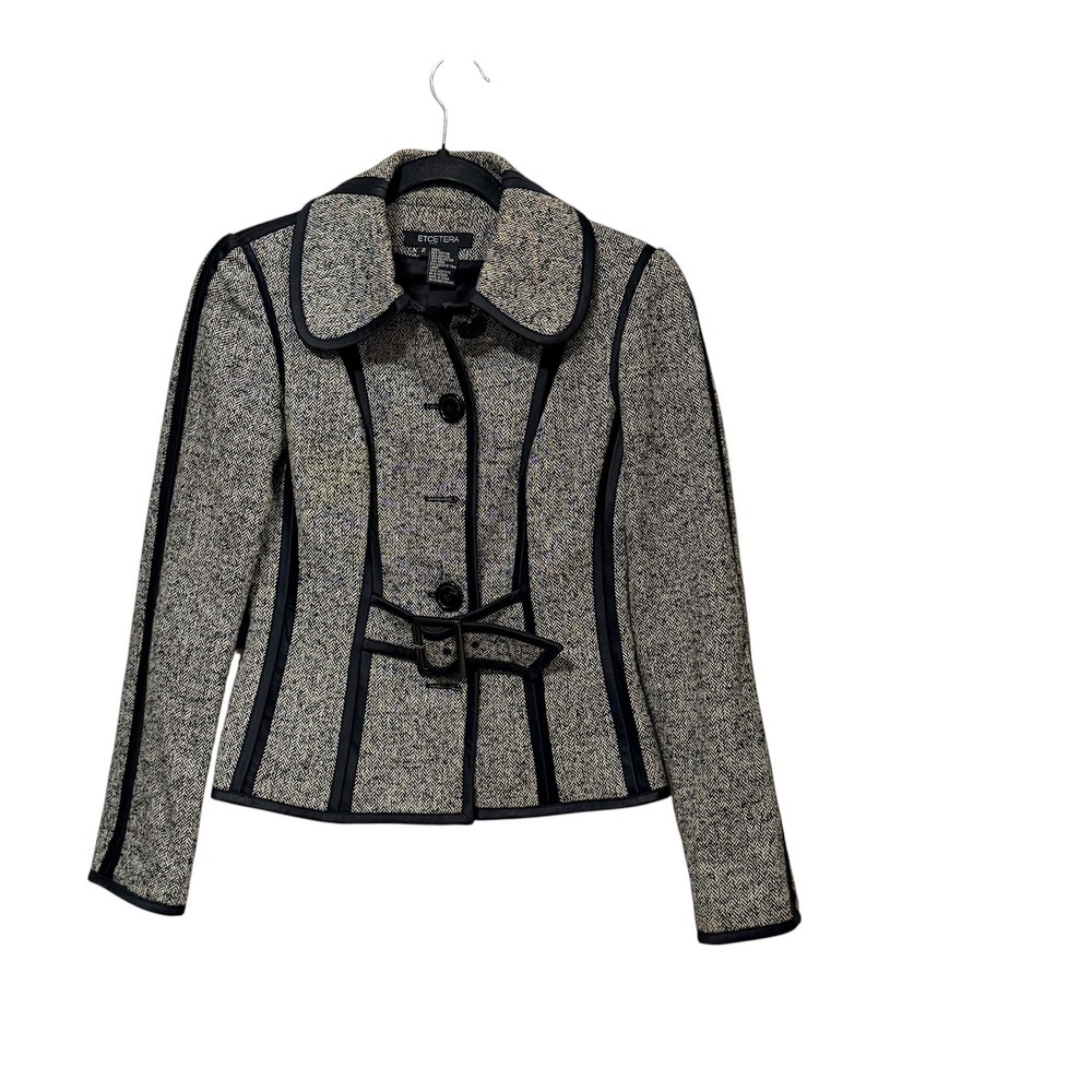 Etcetera Womens Herringbone Belted Blazer Jacket Black White Gray Size 2